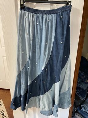 Two-Tone Pearl-Embellished Denim Maxi Skirt - Light & Dark Blue